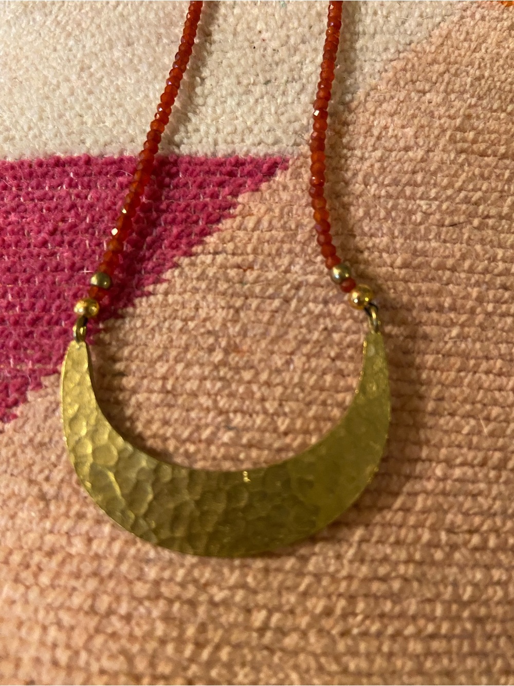 Gold Crescent Pendant Necklace with 2.5mm Carnelian Beaded Chain - Picture 5 of 8